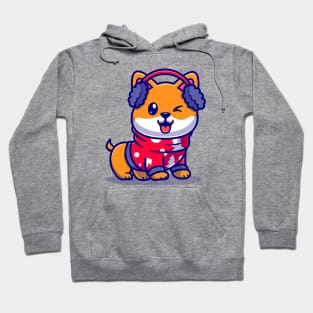 Cute Shiba Inu Dog In Winter Season Cartoon Hoodie